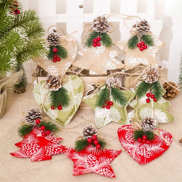 

3 pcs/set christmas star /tree/heart jute pendants ornament xmas tree ornament diy crafts for home christmas party decoration