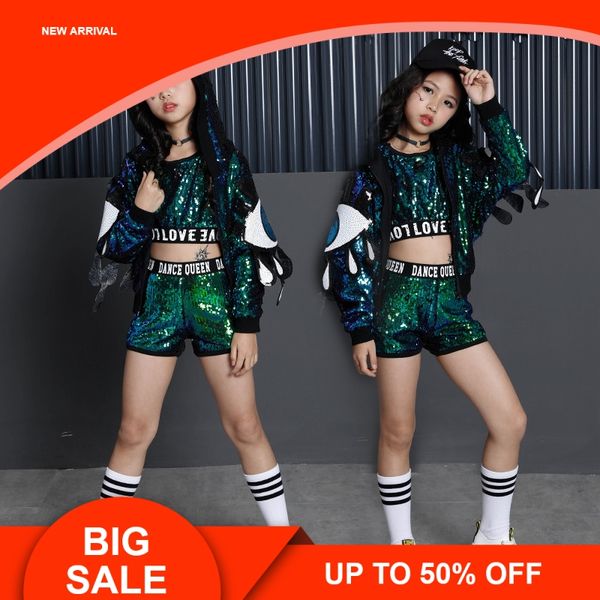 

green girls sequin costumes for holidays kids sequin jacket crop vest shorts 3pcs children girls stage dance wear, White