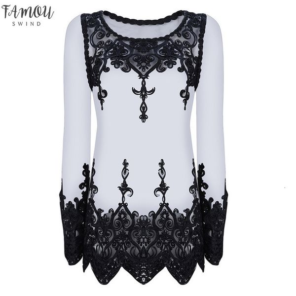 

mesh perspective long sleeve embroidered t shirt summer beach lace blusas cover up fishnet party t shirt, White