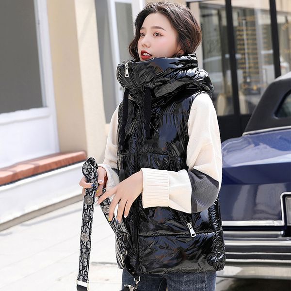 

2019 winter zipper black jackets coats women vest women hooded drawstring veste femme parkas chalecos para mujer casaco feminino, Black;white