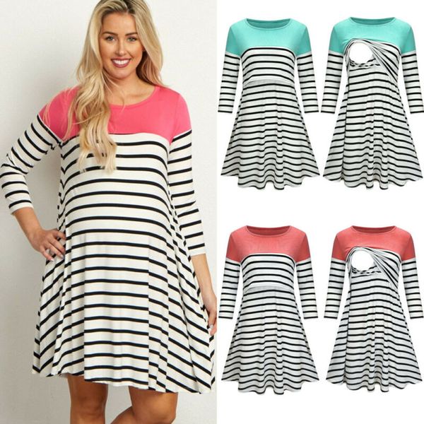 

fashion pregnant women long sleeve striped loose dress nursing breastfeeding summer gown women's sundress pajamas nightdress, White