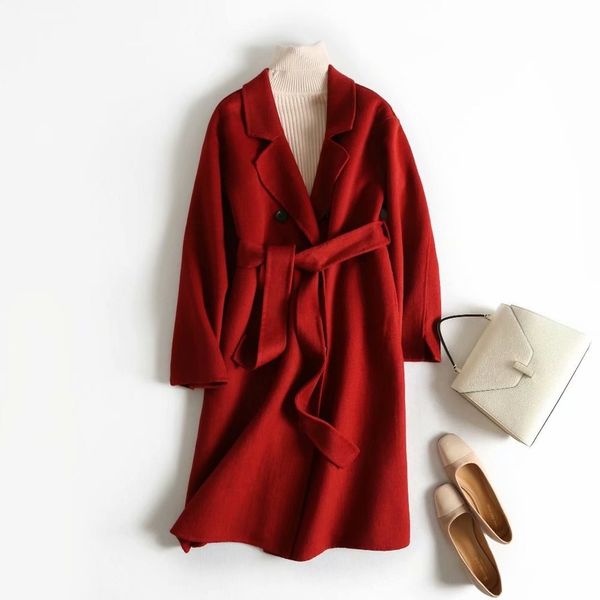 

2019 winter fashion new wool coat long section belt 100% wool double-sided ladies coat jacket cc148, Black