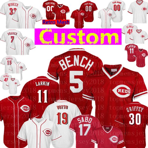 

5 Johnny Bench Custom Cincinnati Mens Reds Jersey 11 Barry Larkin 17 Chris Sabo 33 Jesse Winker 7 Eugenio Suarez 19 Votto 66 Puig