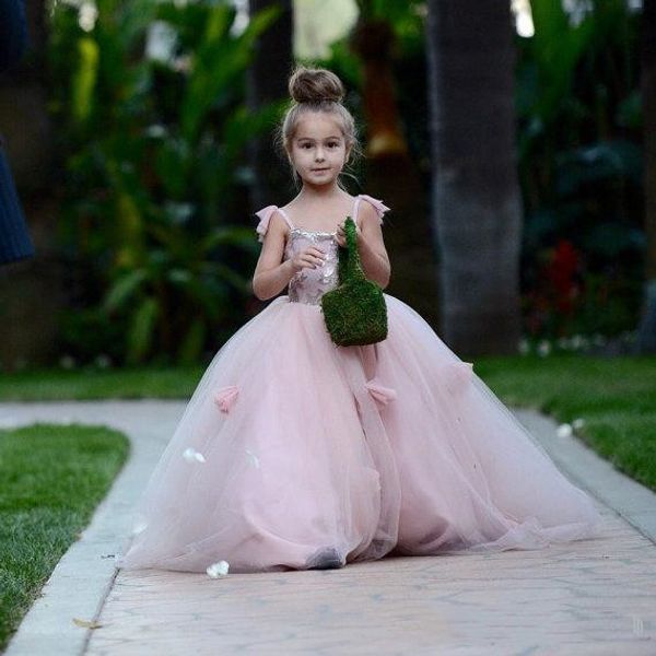 

blush pink flower girls dresses appliques spaghetti straps ball gown ruffles tulle pageant dresses for girls long girl dresses for wedding, White;blue