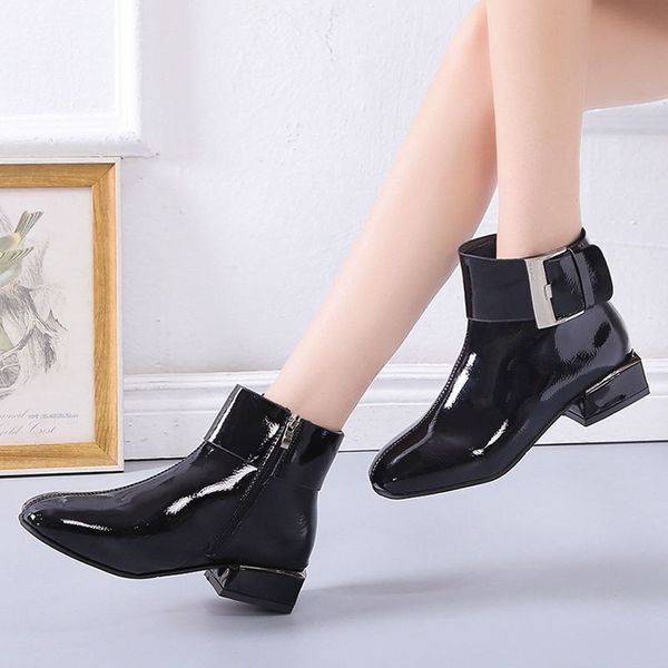 

women's square heeled casual shoes belt buckle wild ladies single boots 2019 winter autumn new simplicity zipper fashion boot, Black
