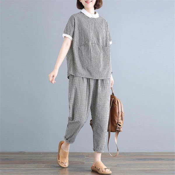 

summer women's tracksuit suit set two piece set short sleeve plaid and leg pants 2 piece women plus size lounge wear, White