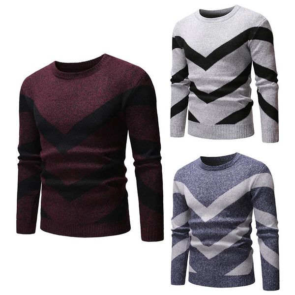 

2020 men color block wavy stripe round neck long sleeve sweater slim t jumper top, White;black