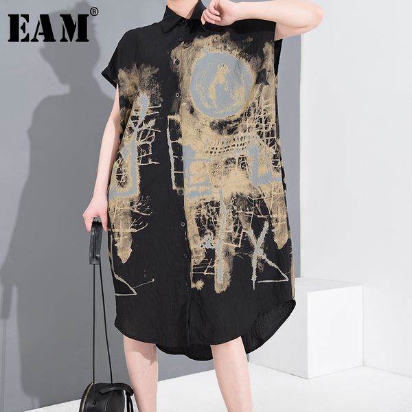 

eam] women black pattern printed big size shirt dress new lapel short sleeve loose fit fashion tide spring summer 2020 1t45201, Black;gray