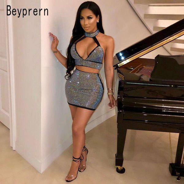 

beyprern halter neck rhinestone embellished skirt set two pieces shiny sequined club bodycon chirstmas outfits t200325, White