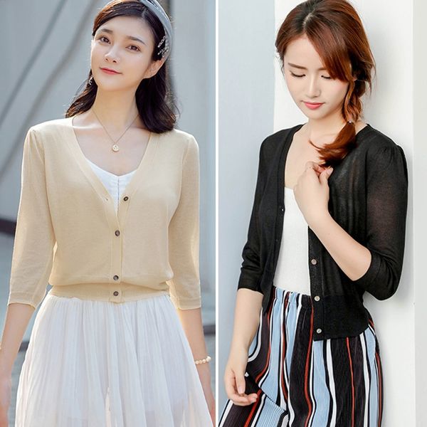 

special price thin knitted sweater women's cardigan jacket 2019 summer thin sunscreen short air conditioning shirt, Black;brown