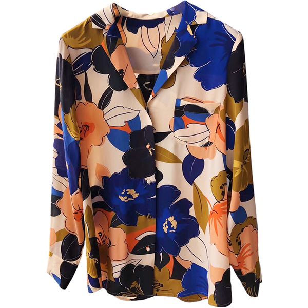 

100% silk brand fashion women high-end luxury vintage art printed lapel long-sleeved silk shirt blouse, White