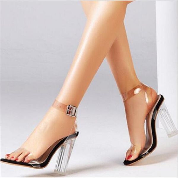 

pvc jelly sandals crystal leopard open toed high heels women transparent heel sandals slippers discount pumps 11cm, Black