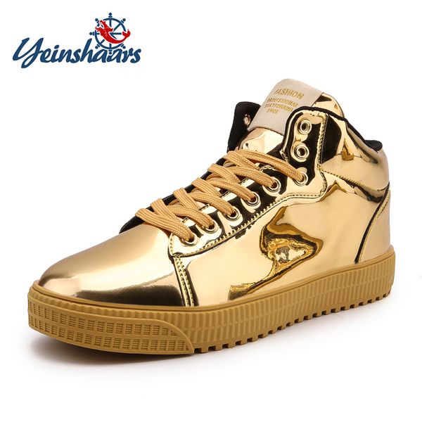 

yeinshaars new fashion high casual lace up patent leather casual sneakers men warm fur flats plus size 36-47, Black