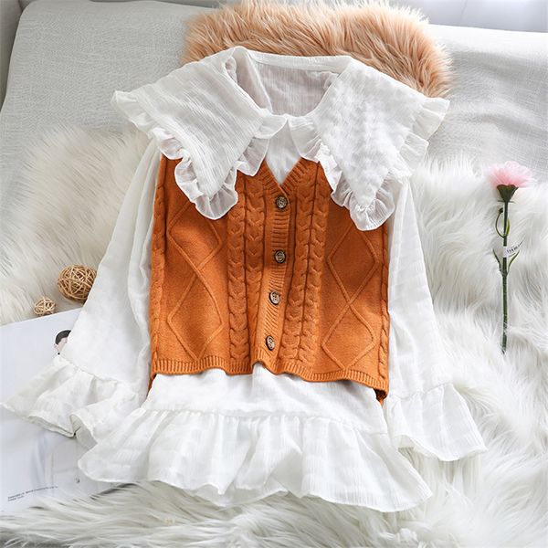 

gowyimmes autumn two piece women knitted sweater + chiffon shirt lady sweater vest brief female winter bottomings pd427, White;black