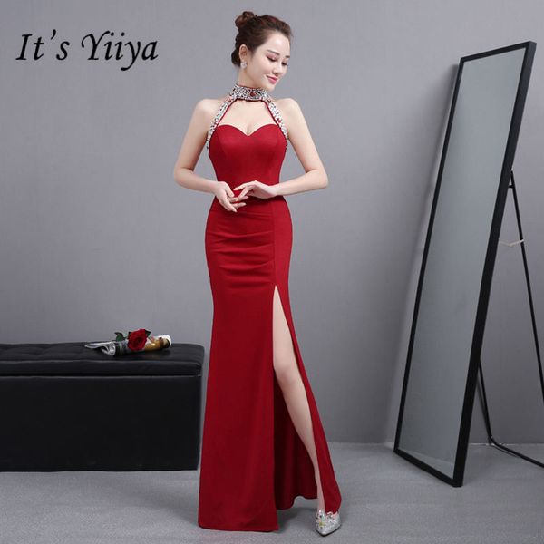 

it's yiiya new halter sequined mermaid dresses vestidos charming split trumpet evening gowns h021, White;black