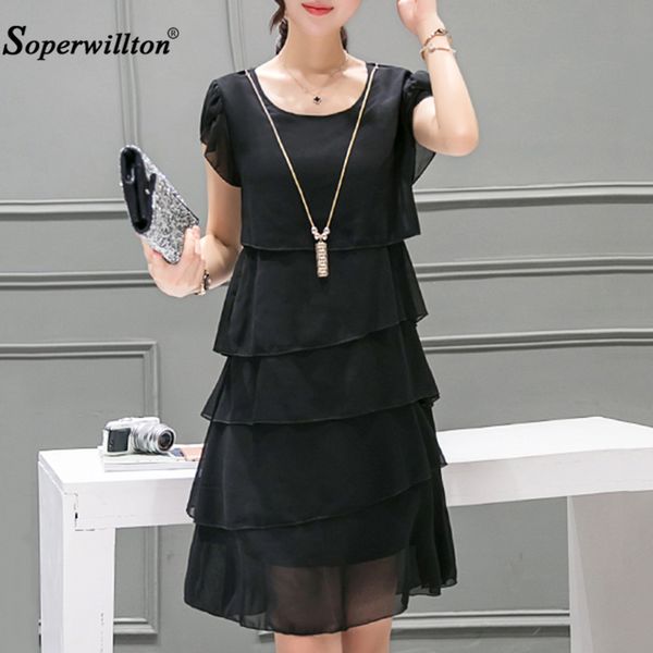 

women summer dresses party loose plus size 5xl elegant ladies a-line cascading ruffle casual short sleeve o-neck chiffon dress, Black;gray