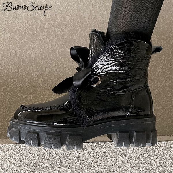 

patent fur short boots winter snow boots platform heels ankle warm fur causl shoes non-slip women shoes shearling booties, Black