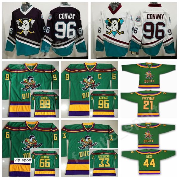 

the mighty ducks movie green 1993 vintage ice hockey jerseys 96 charlie conway 21 dean portman 44 fulton reed 33 greg goldberg adam banks, Black;red
