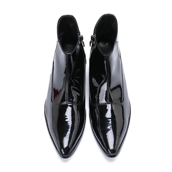 

british patent leather shoes men ankle male paty prom shoes pointed toe men party dress boots plus size motorcycle short boots, Black