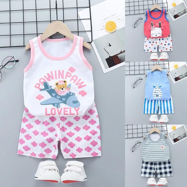 

toddler kids boys girls cartoon printing vest shorts outfit summer sleeveless clothes set mother's day baby kids clothes set, White