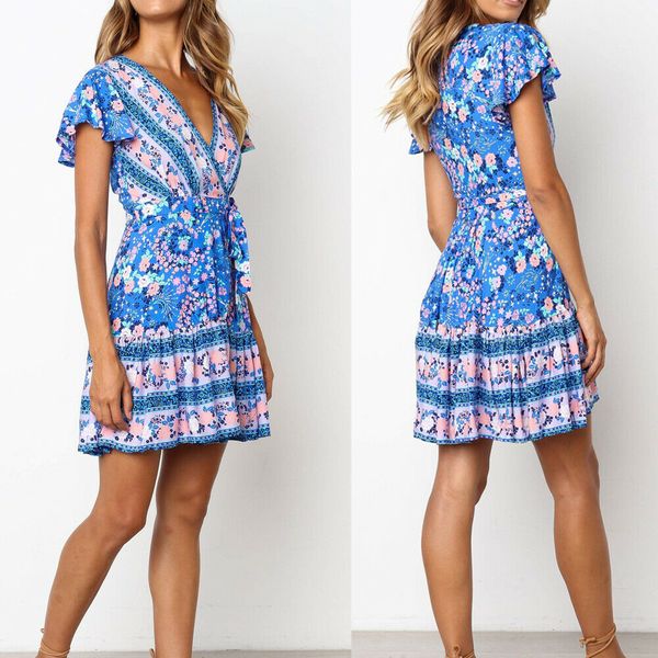 

summer women boho beach floral short sleeve v-neck mini dress ladies evening party sundress dresses, Black;gray