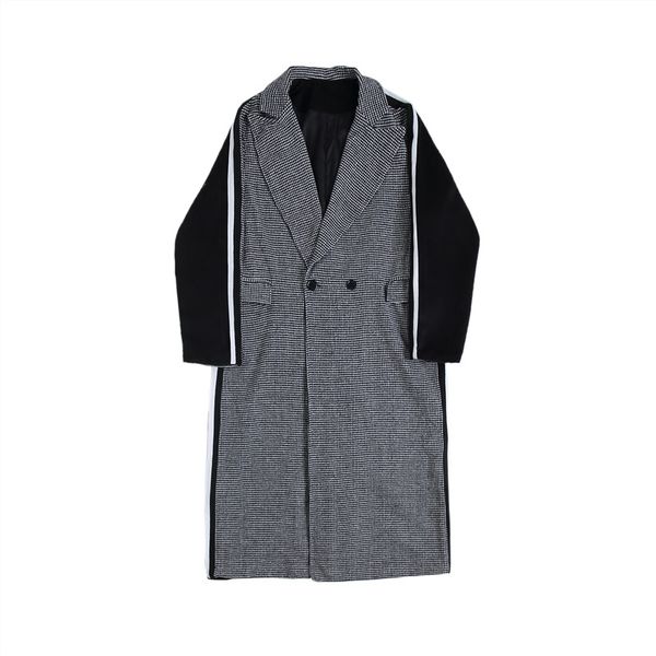 

men windbreaker jacket vintage streetwear fashion hip hip plaid splice loose long wool trench coat male outerwear, Black