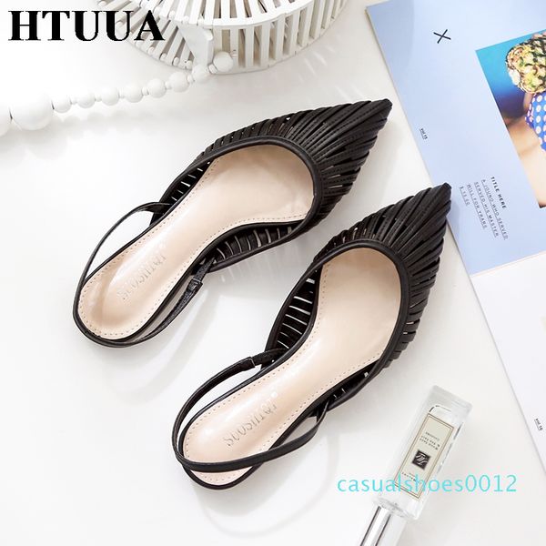 

htuua 2019 fashion pu leather hollow pointed toe sandals women summer shoes woman flat heel mules slippers sandalias c12, Black