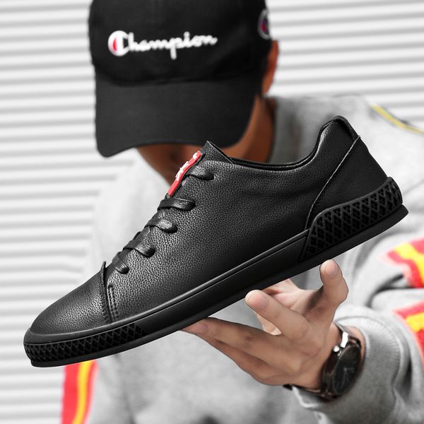 

men leather sneakers loafers men casual shoes genuine leather lace up walking shoe flat new ing, Black