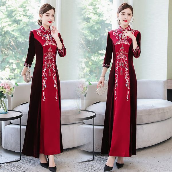 

китайский cheongsam традиционное свадебное платье женщины бархат пэчворк женщины элегантный цветочный долго cheongsam китайский платья ta190, Red
