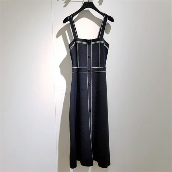 

2019 spring new strapless single breasted white line decoration women slim long knitted dress, White;black
