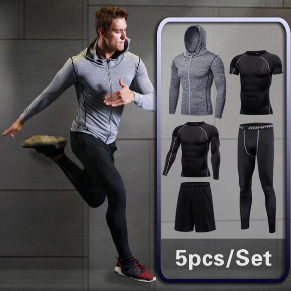 

5pcs/set men's gym running fitness sportswear athletic physical training clothes suits workout jogging sports clothing tracksuit, Black;blue