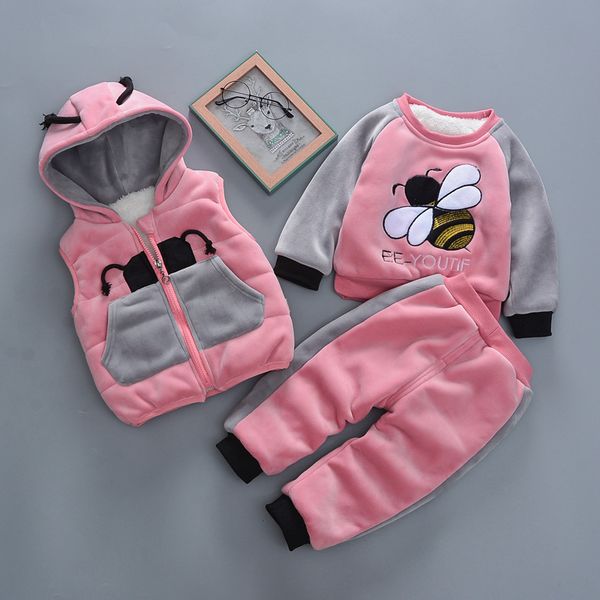 

2019 winter 3pcs kids thickening hooded vest+sweater+pant sport suits baby boys girls warm cartoon set children clothing, White