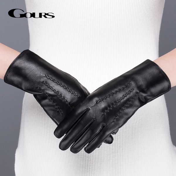 

gours genuine leather gloves for women winter warm black classic sheepskin finger touch screen gloves fashion mittens new gsl071, Blue;gray