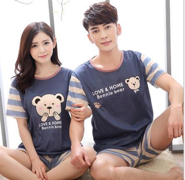 

wholesales short-sleeved couple pajamas women summer korean cartoon men's thin section summer casual student couple home service suit, Blue;gray