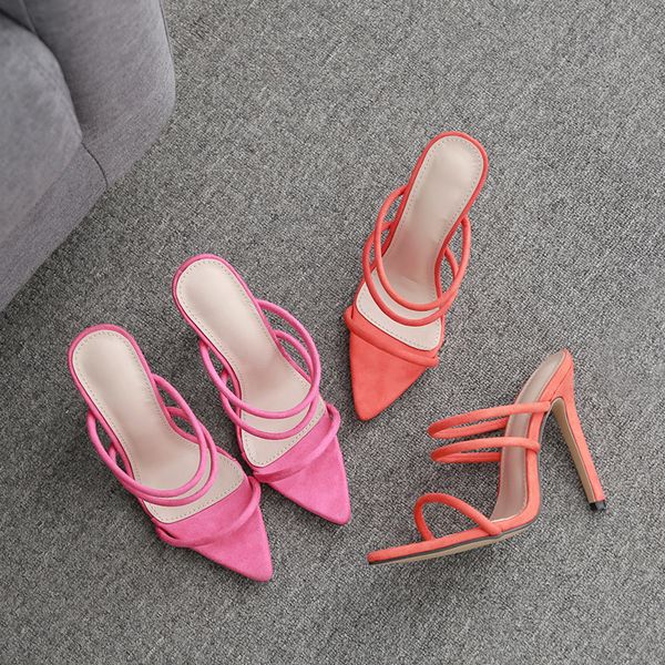 

high-heeled shoes lady slippers casual flock slipers women thin heels slides med pointed toe rubber flip flops heeled, Black