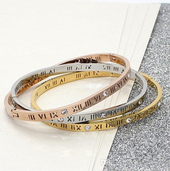 

fashion rose gold silver men stainless steel couples bracelets for women roman numerals lover cuff bangles wedding jewelry crystal bracelets, Black