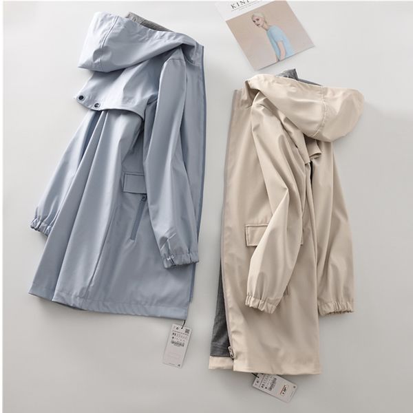 

plus size women's loose medium length hooded windbreaker 2020 spring autumn windproof waterproof raincoat trench coat lady palto, Tan;black