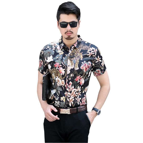 

short sleeve men's shirt summer fashion casual plus size mens shirts mercerized cotton flowers shirts man social, White;black