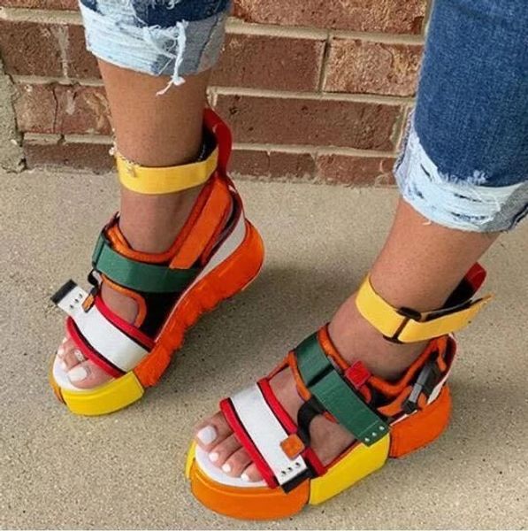 

women summer spring sandals fashion colorblock magic tape women shoes casual flats open toe ladies plus size slippers, Black