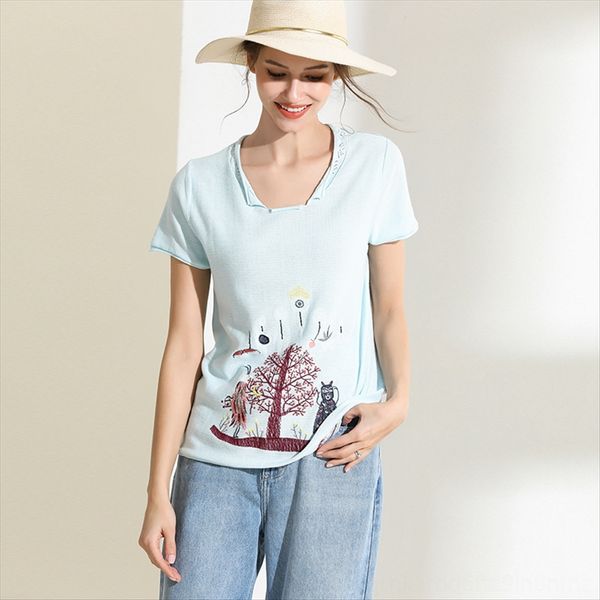 

2019 cotton short-sleeved embroidery thin loose women's t-shirt siqin style 2019 cotton short-sleeved embroidery thin loose women, White