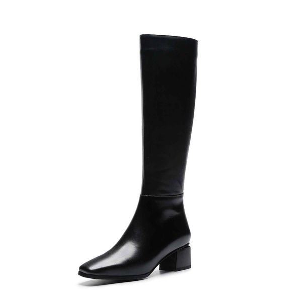 

krazing pot genuine leather big size thick handsome long med heel square toe women keep warm riding knee-high boots l0f8 mx200324, Black