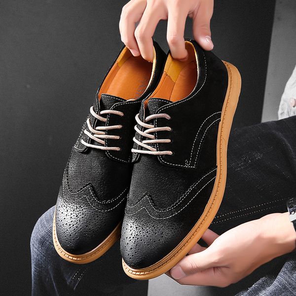 

men dress oxfords spring new brogue men plus size leather shoes vintage carved formal lace-up flats wedding business shoes, Black