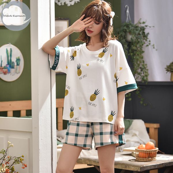 

summer short sets knitted cotton women's pajama set cute girls checked pants nightgowns pajama sets sleepwear pyjamas homewear, Blue;gray
