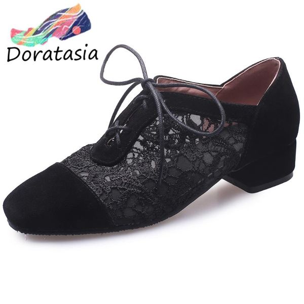 

doratasia fashion girl lace up flock hollow square heel flats summer flats women office leisure casual consise shoes woman, Black