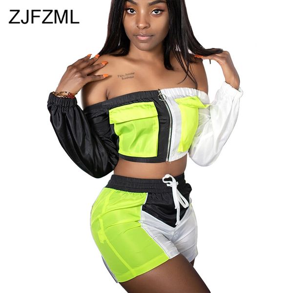 

contrast color two piece sweatsuits summer clothes for women slash neck long sleeve crop biker shorts casual 2 piece outfit, White