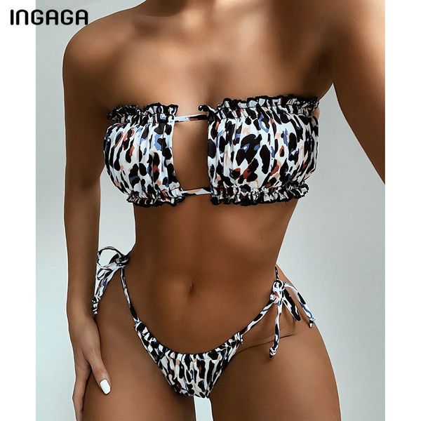 

ingaga bandeau bikinis 2020 swimsuit women swimwear micro thong bikini set leopard pleated biquini beachwear for bathing suits