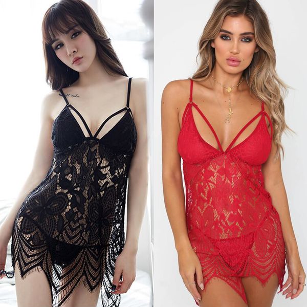 

women lingerie lace underwear g-string nightwear sleepwear dress 2pcs, Black;red
