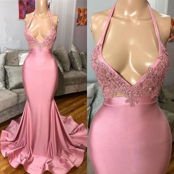 

mermaid sleeveless pink prom party dresses 2020 new backless beads appliques plunging v neck halter evening dress, Black