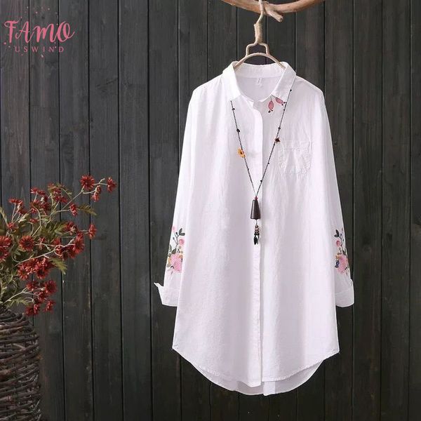 

2020 new lapel neck white shirt casual wear button up turn down collar long sleeve cotton blouse embroidery feminina sale