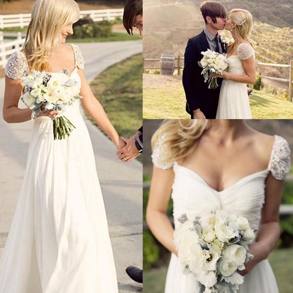 

country a line wedding dresses with scoop neck chiffon beaded floor length custom made beach summer wedding bridal gown, White